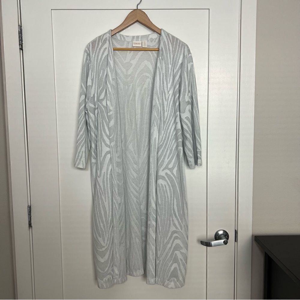 Chico's Womens Size 3 Long Open Cardigan Tunic Gray Silver Metallic 3/4 Sleeve
